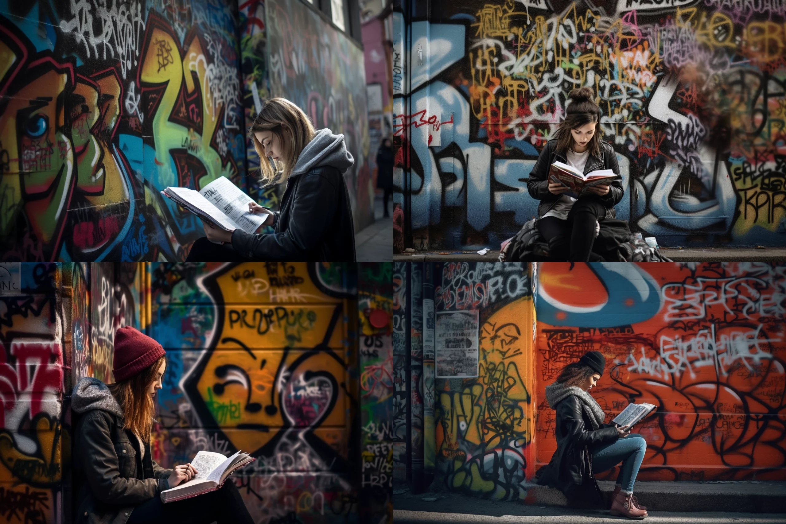 A photograph of a woman reading a book while leaning against a graffiti-covered wall in a bustling urban street during late afternoon, taken with a Fujifilm X100V with a 23mm f/2 lens
