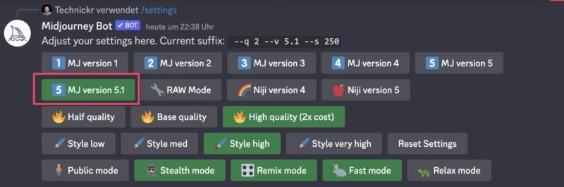 Hier aktivierst Du Midjourney v5.1 in den /settings