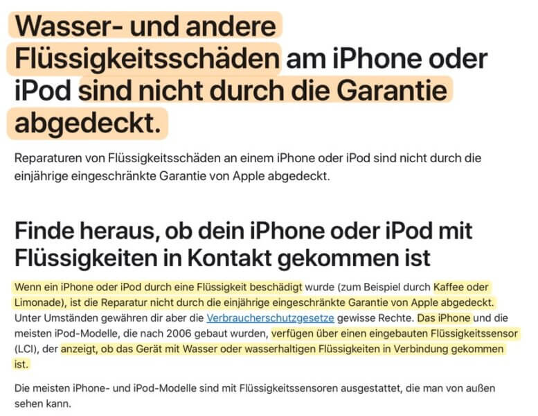 Wasser- und andere Flüssigkeitsschäden am iPhone oder iPod sind nicht durch die Garantie abgedeckt