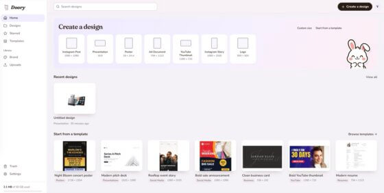 Doory: Kostenlose Canva Alternative selbst hosten mit Docker Doory Dashboard: selbstgehostete Canva Alternative mit Vorlagen und Formaten