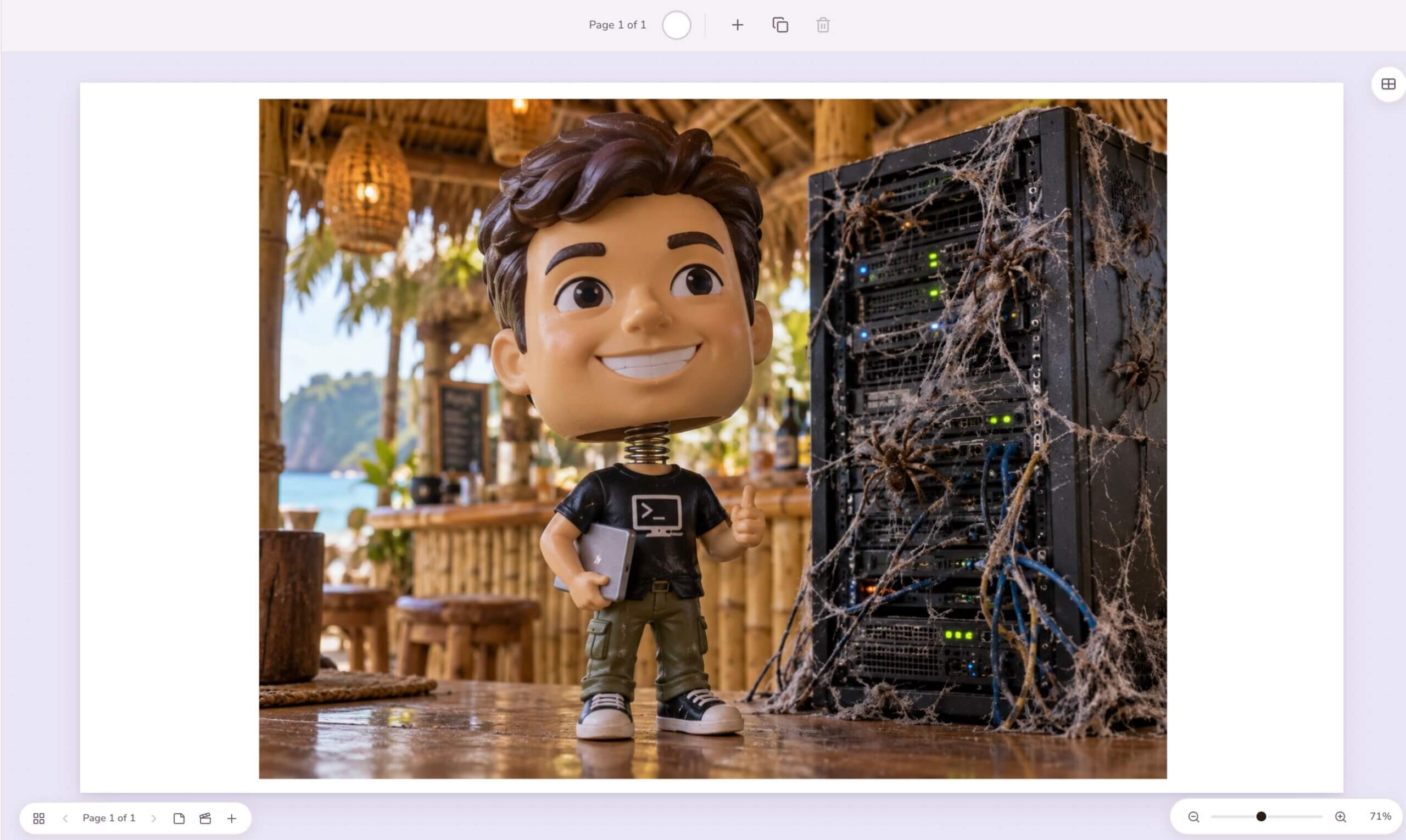 Originalfoto in Doory: Wackelkopf-Figur in einer Strandbar neben einem Server-Schrank mit Spinnweben
