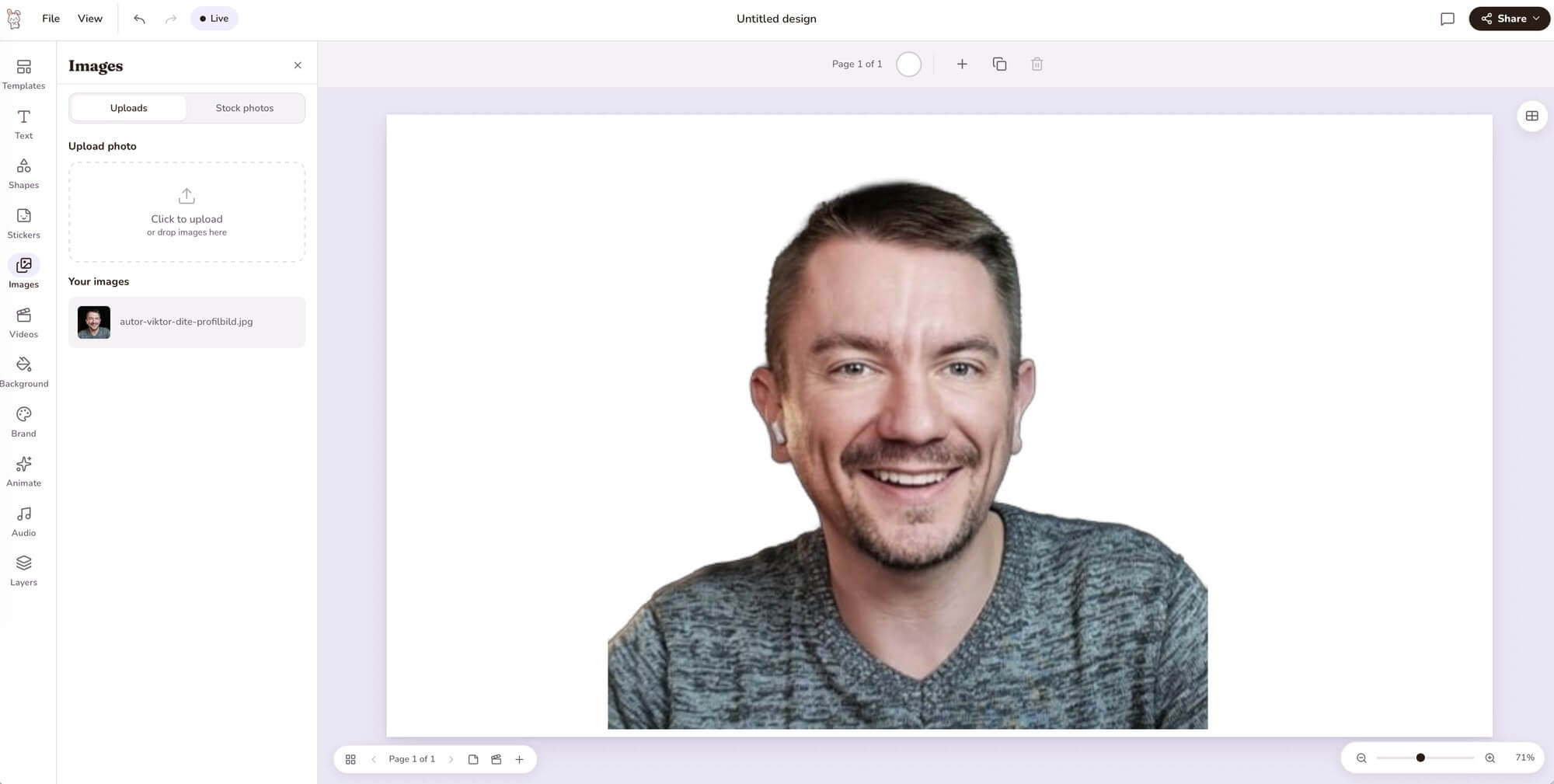 Doory-Editor mit freigestelltem Porträt, links die Bild-Uploads
