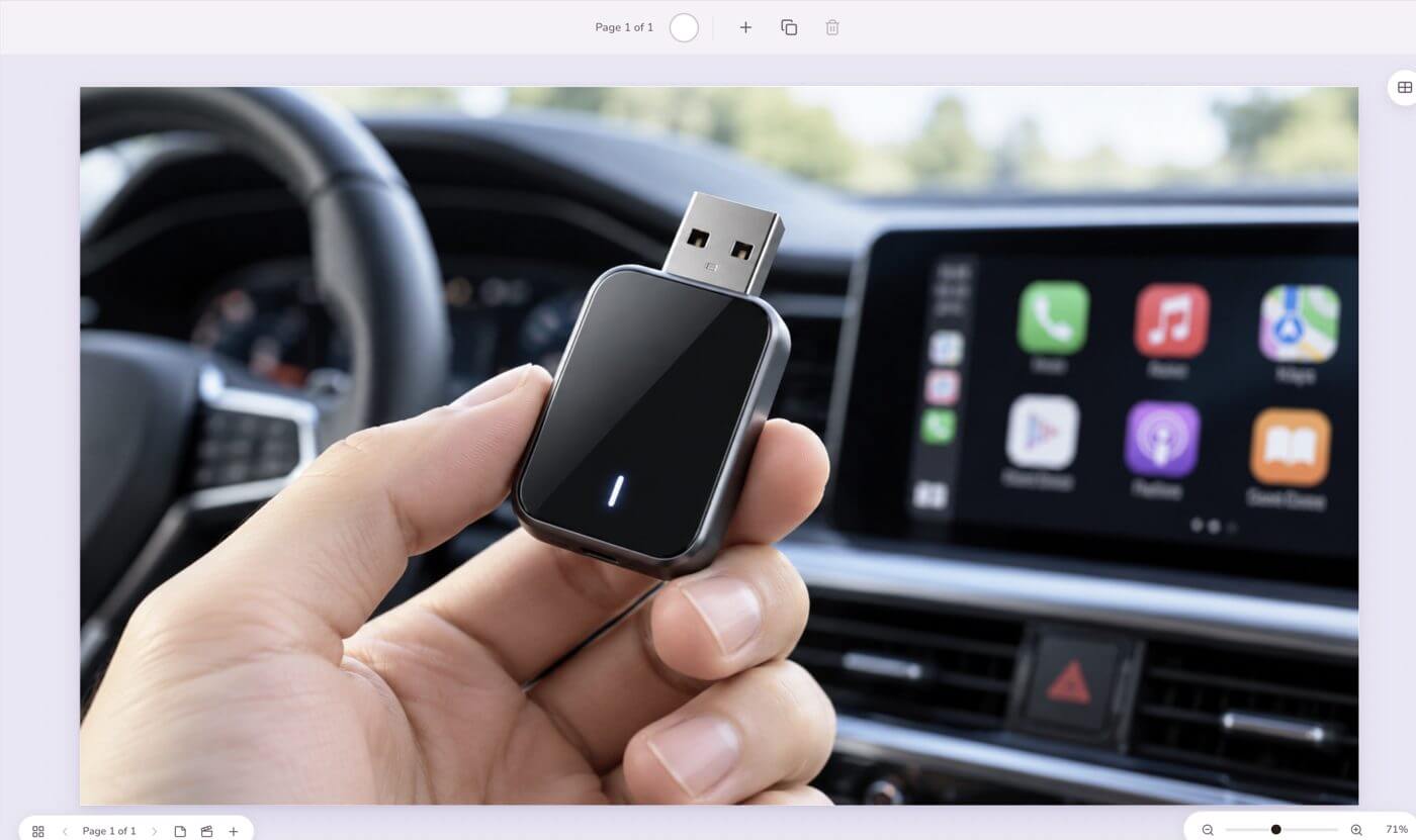 Originalfoto: USB-Adapter in der Hand vor Auto-Cockpit in Doory