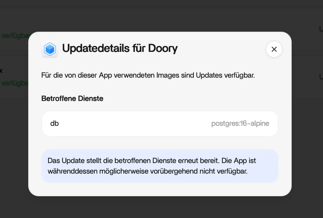 ZimaOS Updatedetails für Doory: Image-Update für den Dienst db mit postgres:16-alpine