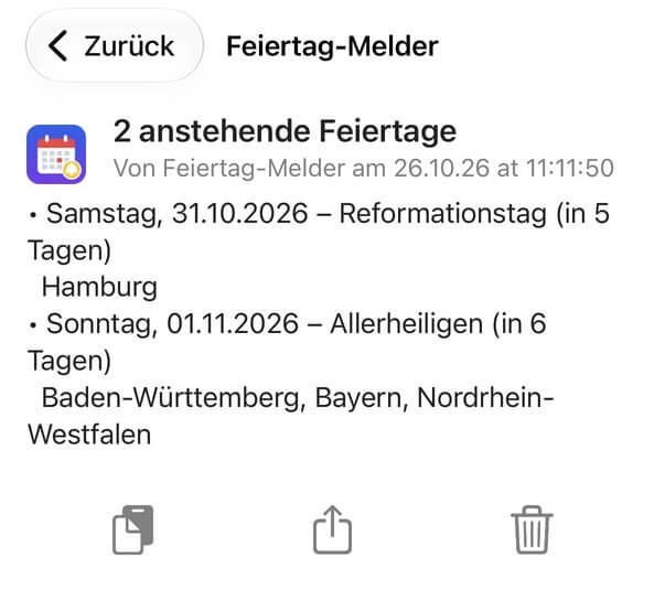 Pushover-Benachrichtigung vom Feiertag-Melder mit zwei anstehenden Feiertagen
