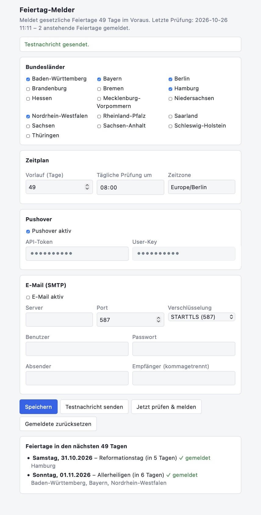 Weboberfläche des Feiertag-Melders mit Bundesländern, Zeitplan, Pushover und SMTP