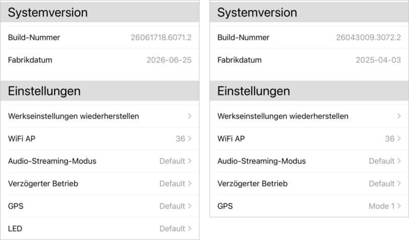 Einstellungsmenü mit Firmware: links Ottocast Mini Pico 260617, rechts Ottocast Mini Gen 1 260430