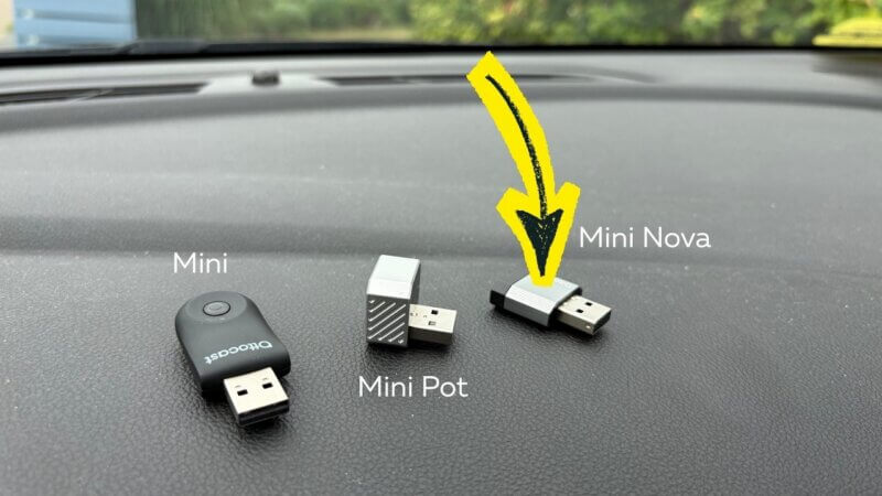Ottocast Mini, Mini Pot und Mini Nova nebeneinander: Der Mini Nova ist der flachste der drei Adapter